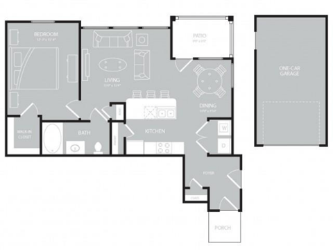 Floor plan for 1 bed, 1 bath, 823 sqft